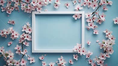 Empty white frame with cherry blossoms on light blue background. March 8, International Women's Day. Mother's
