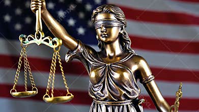 Symbol of law Lady Justice Statue with US flag in background