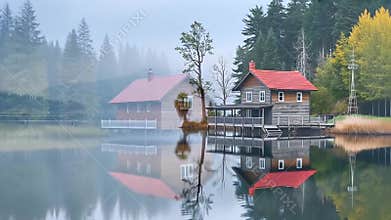 Misty lake house scene reflecting calm waters in nature stock footage Generative AI