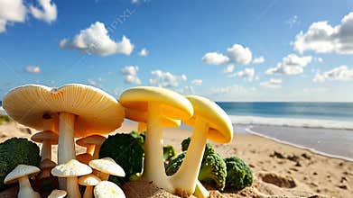 Tropical beach with mushroom-shaped rock, exotic travel destination stock footage Generative AI