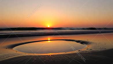 Ocean sunset reflection on wet sand, peaceful beach scene stock footage Generative AI