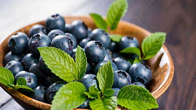 Fresh blueberries in a wooden bowl, healthy eating and summer fruit stock footage Generative AI