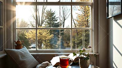 Cozy living room window view, home interior and relaxation stock footage Generative AI