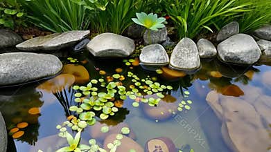 Small pond with water lilies, peaceful garden and nature scene stock footage Generative AI