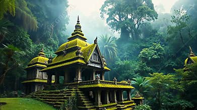 Green temple in lush jungle, Asian architecture and nature blend stock footage Generative AI