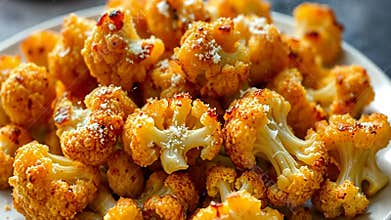 Roasted cauliflower florets, healthy vegetable and vegan food stock footage Generative AI