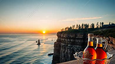Wine bottles and glasses by sea, romantic setting and coastal view stock footage Generative AI