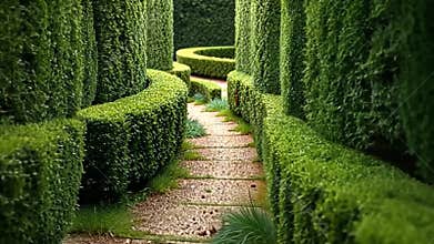 Green garden maze path, labyrinth and outdoor adventure stock footage Generative AI
