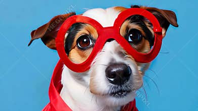 A dog is wearing a red cape and red glasses