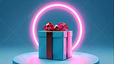 A blue box with a red bow on top of a blue pedestal