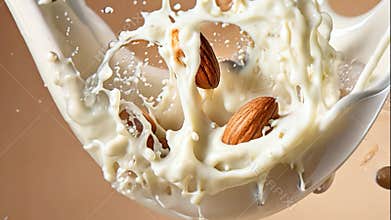 A splash of milk with two almonds floating in it