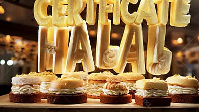 The words \"Halal Certificate\" appear on the table in the pastry shop.