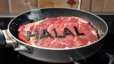 A piece of meat with the word \"halal\" written on it. The image is meant to