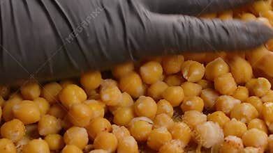 Cooked Chickpeas on Baking Paper for Roasting