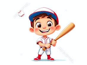 Cartoon boy is holding a baseball bat and is about to hit a baseball
