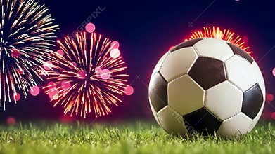 A soccer ball is on a green field with fireworks in the background