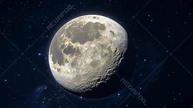 A large moon is in the sky with many stars surrounding it