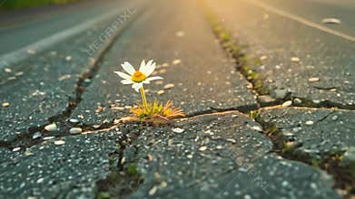 A small white flower is growing in the cracks of a concrete sidewalk