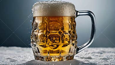 Refreshing beer mug standing on snow with water splashing