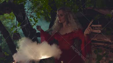 mysterious woman in magnificent red plate, great sorceress created potion