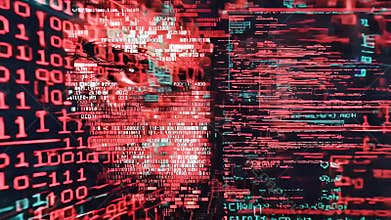 Glitching computer code with fragmented pixels, neon red error messages, and corrupted data streams