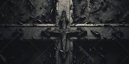 A cross made of metal with numerous nails embedded in the surface. Suitable for religious themes or symbolizing