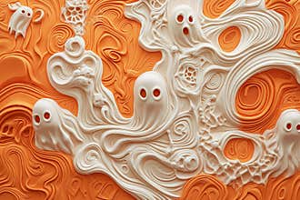 The composition includes a variety of Halloween elements, such as pumpkins, spiders, and ghosts, arranged on an orange