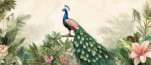A classic Mughal garden painting showcasing a peacock and botanical details, rendered as a mural wallpaper with an