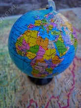 Globe with map of Africa and Europe. Algeria, Maroco, Egypt, Nigeria, Sudan, Chad, Spain, Itali, France, Great Britain,Balcan, Ger