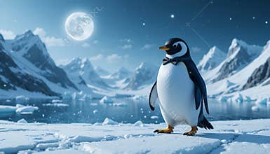 Elegant Penguin in Formal Wear on Snowy Antarctic Landscape Under Moonlight