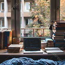 Laptop, books, and mug on windowsill