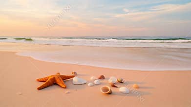 Starfish and seashells resting on the beach at sunset
