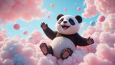 Joyful Panda in Pink Clouds: A Whimsical 3D Render