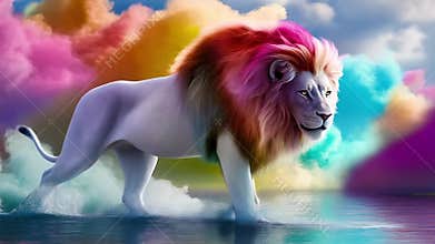 Unreal lion in a fantastic and fantasy environment with the colors of the rainbow. Digital art