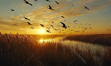 Sunrise over a marsh with birds taking flight. Golden hour, vibrant colors, and wildlife