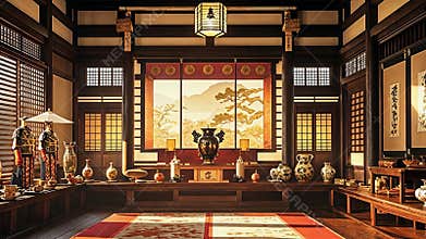 Elegant traditional Japanese interior with artifacts and scenic view