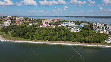 Aerial view of Cheboksary historic area and river