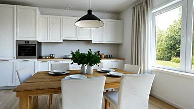Bright and spacious white kitchen interior with island, dining table, and airy windows, creating a welcoming and large
