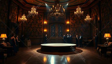 Grand Ballroom Gathering: A Dramatic Evening in a Lavishly Decorated Room