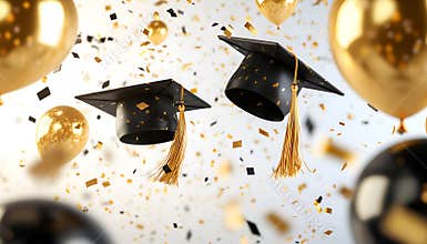 A black and gold graduation cap background with confetti and balloons atop a white background