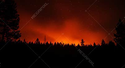 Dramatic Night Sky Over Forest with Glowing Orange Hues and Starry Background