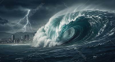 Giant Wave Threatening Coastal City During a Dramatic Lightning Storm