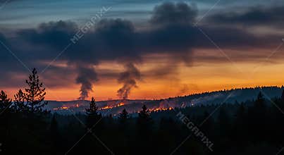 Forest Fire Rages Across Hills at Sunset Creating Dramatic Landscape