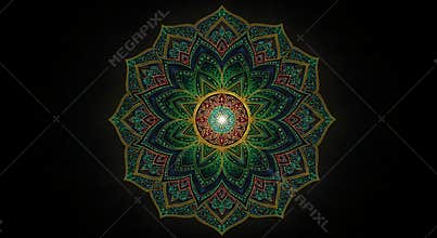 Intricate Mandala Design with Green and Gold Details on Black Background