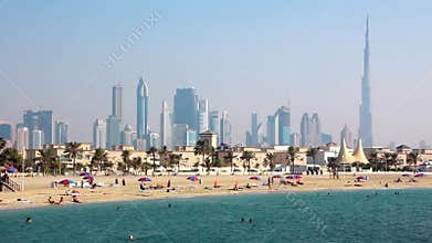 Jumeirah beach, Persian Gulf, Dubai downtown and Burj Khalifa, United Arab Emirates