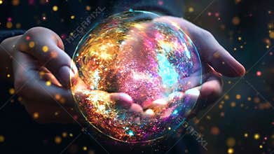A pair of hands gently holding a glowing miniature galaxy filled with stars and cosmic dust