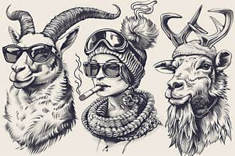 A whimsical illustration of three goats wearing hats and glasses. Suitable for children's books or farm-related