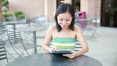Tablet computer woman smiling