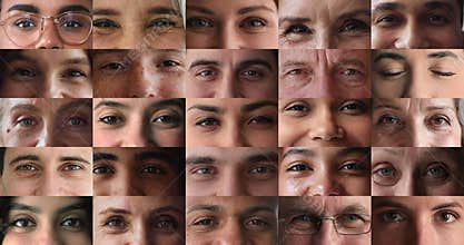 Collage view eyes of various people looking at camera