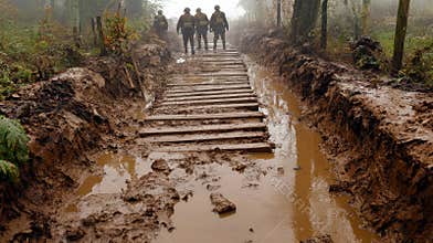Trench Warfare A Muddy Path of Soldiers Marching Through a Waterlogged Landscape